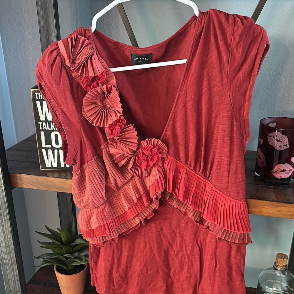 Anthropologie Rust Pleated Top with Floral Details